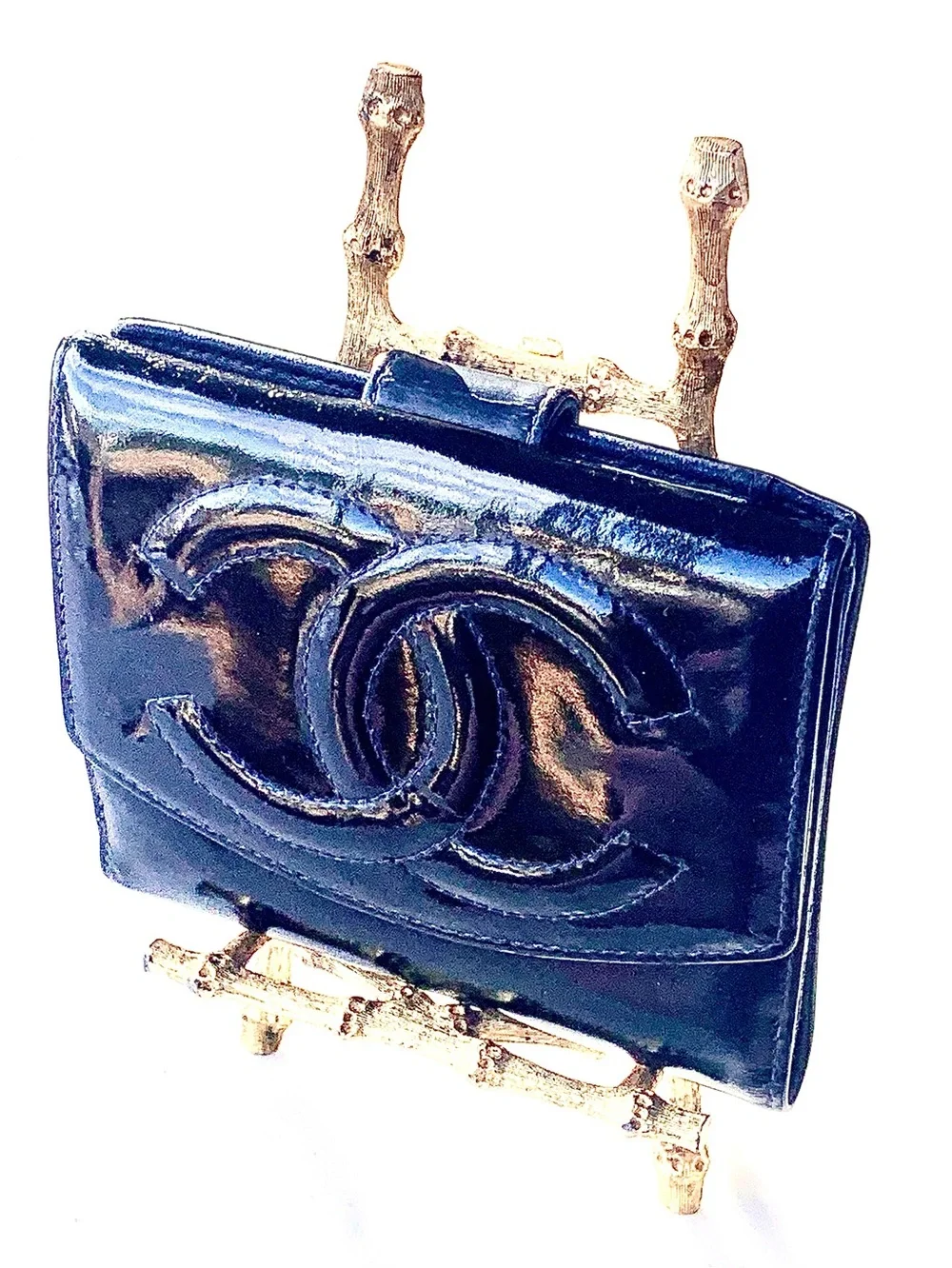 CHANEL Black Patent Leather Mini Bi-fold Wallet with CC Logo VINTAGE 1996
